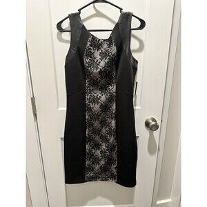 NEW GUESS Avery Black Nude Floral Leather & Lace  bodycon Stretch Dress Sz 10